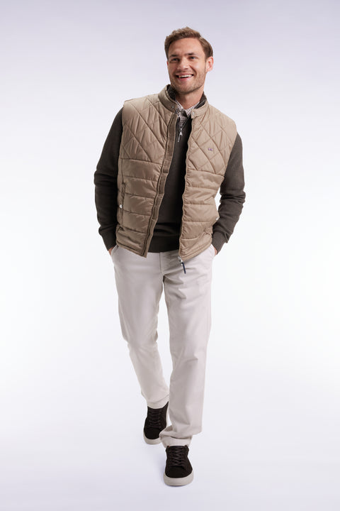 Sleeveless biker-collar jacket in beige quilted nylon - Image 1