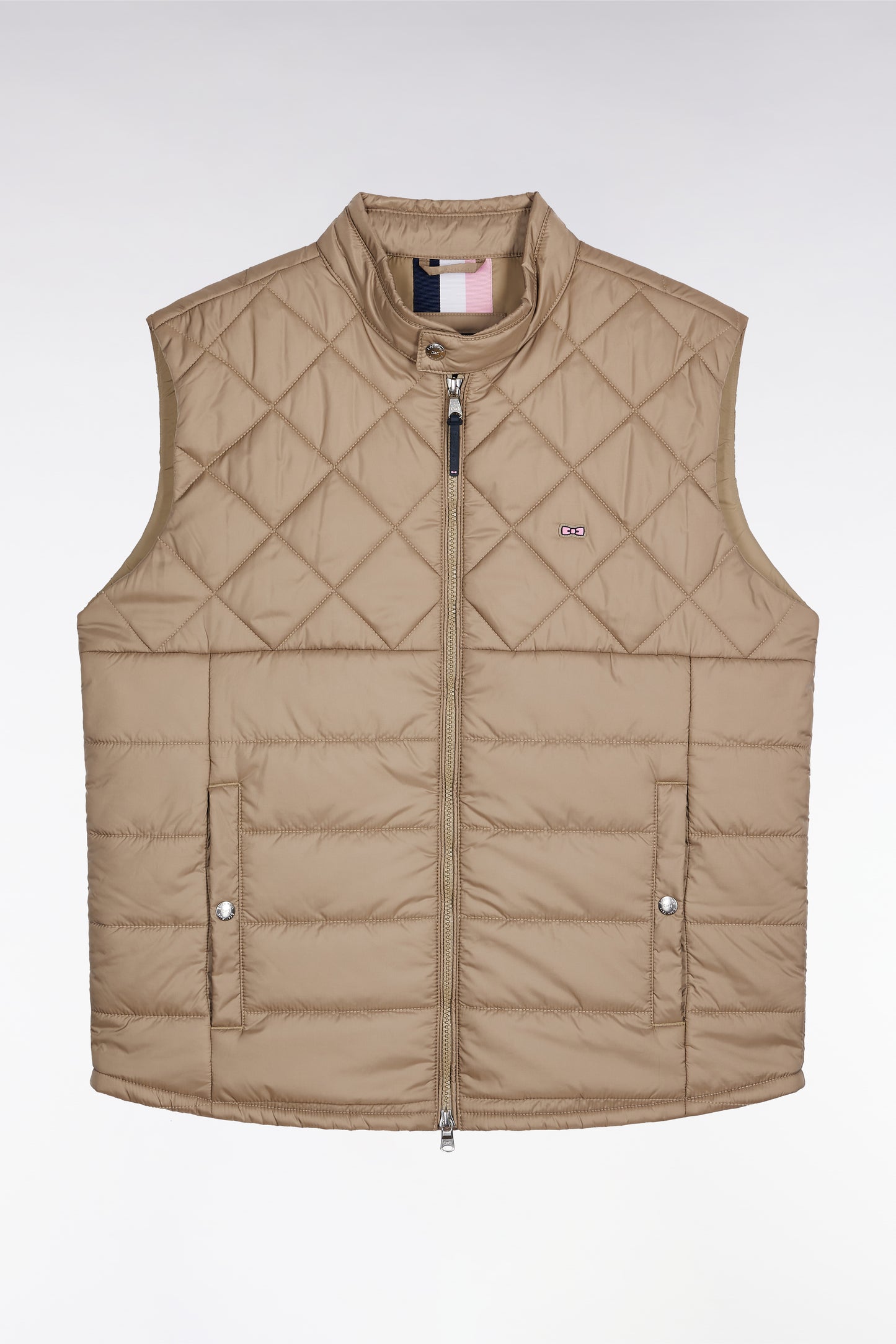 Doudoune sans manches col motard en nylon matelassé beige