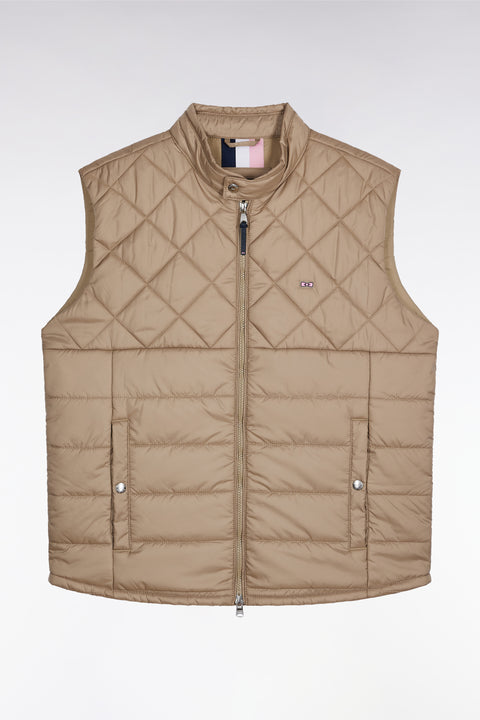 Sleeveless biker-collar jacket in beige quilted nylon - Image 2