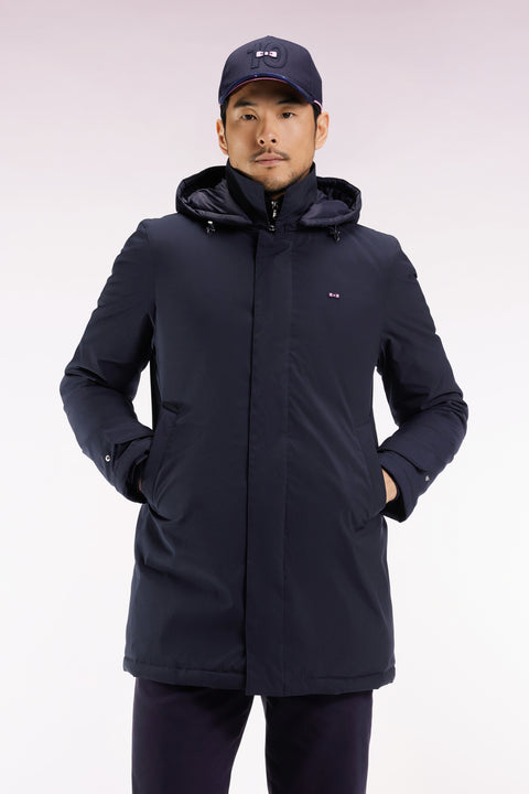 Long navy nylon raincoat with removable hood - Image 3
