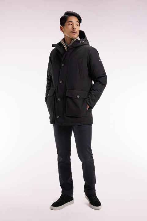 Short parka in black nylon with patch pockets - Image 1