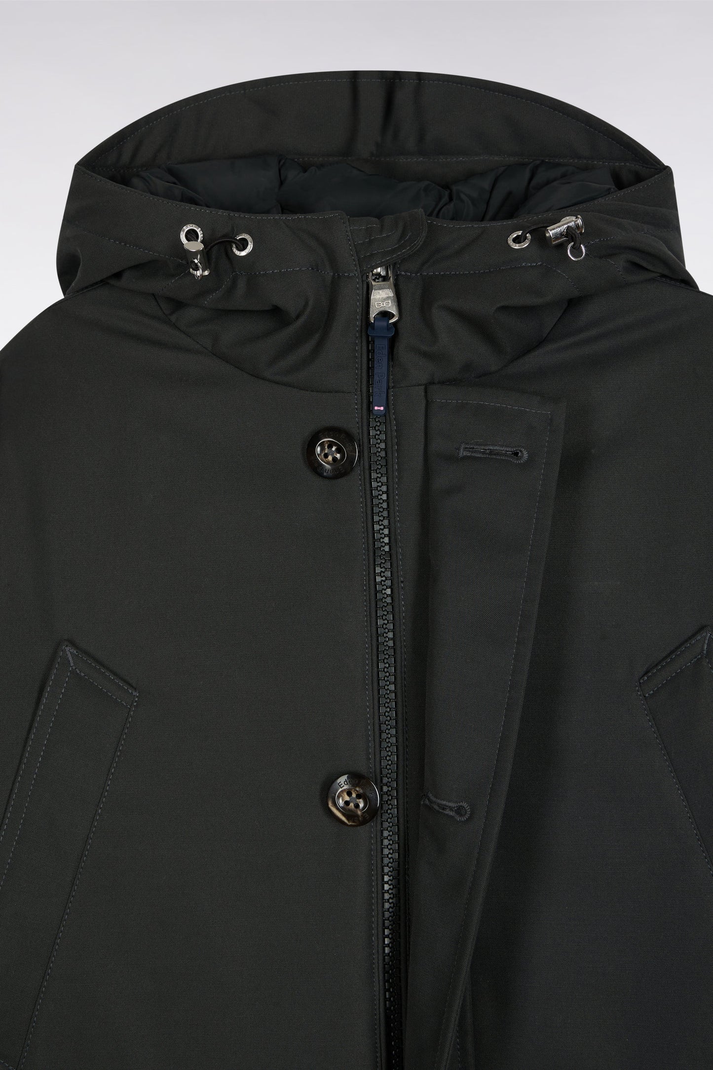 Short khaki nylon parka with patch pockets