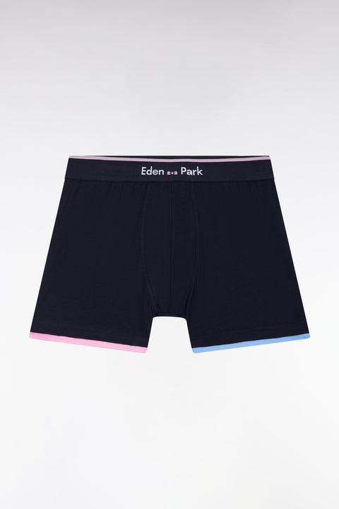 Boxer shorts in navy cotton jersey with striped trim - Image 1