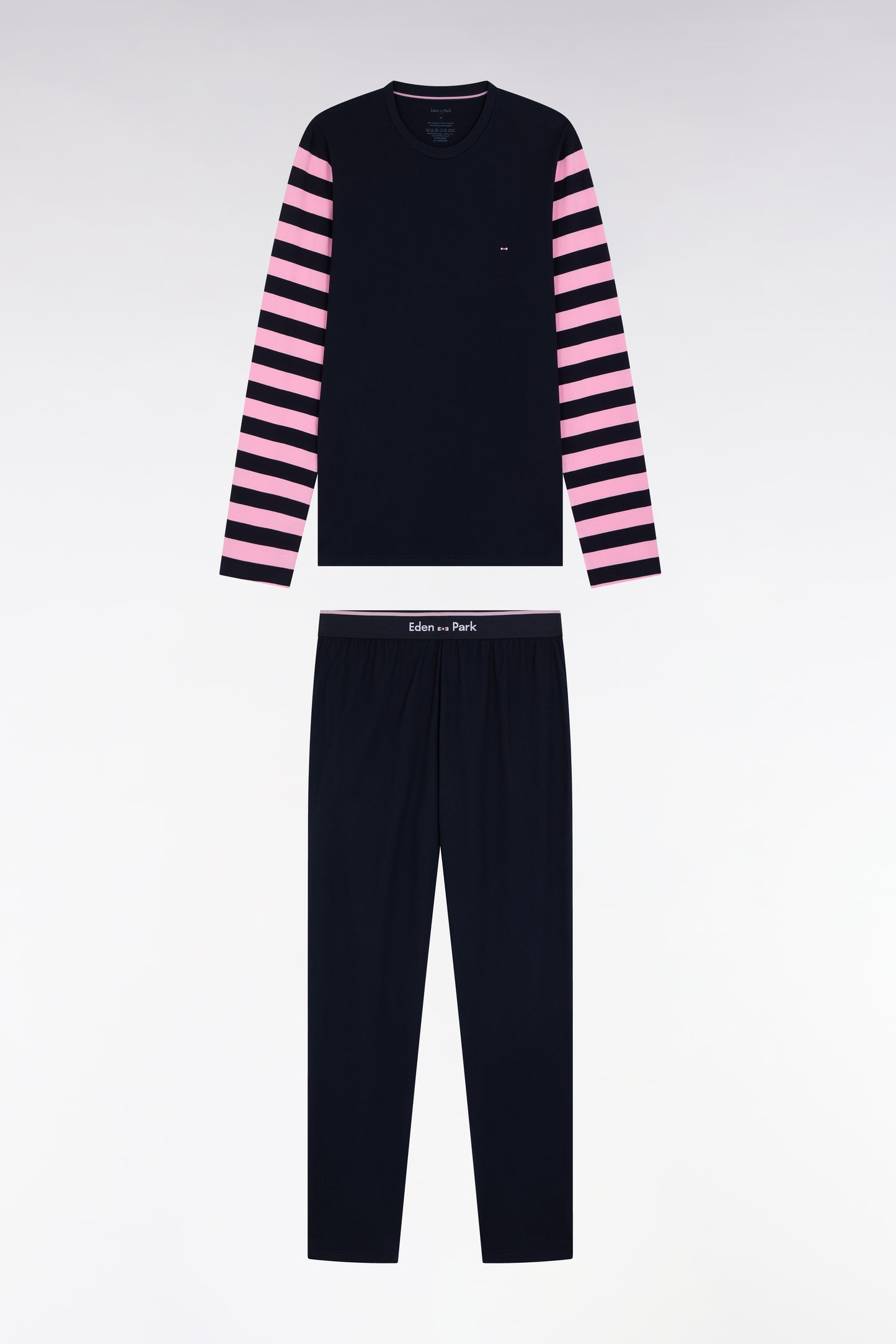 Pyjama long en jersey de coton marine à manches rayées
