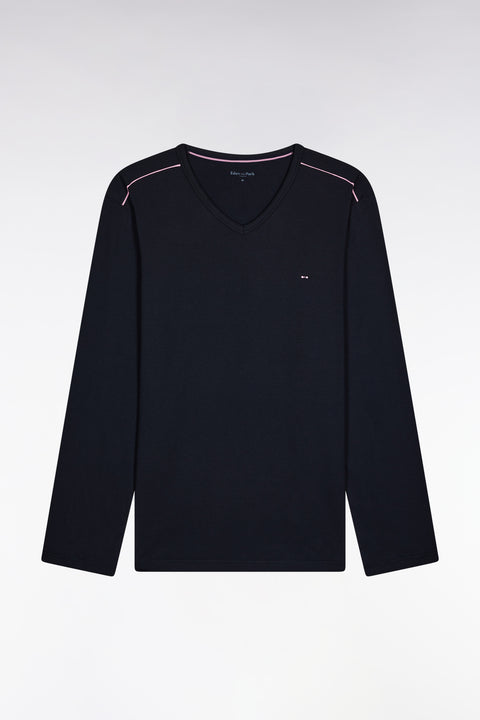 Pyjama long en jersey de coton uni marine passepoils roses - Image 1