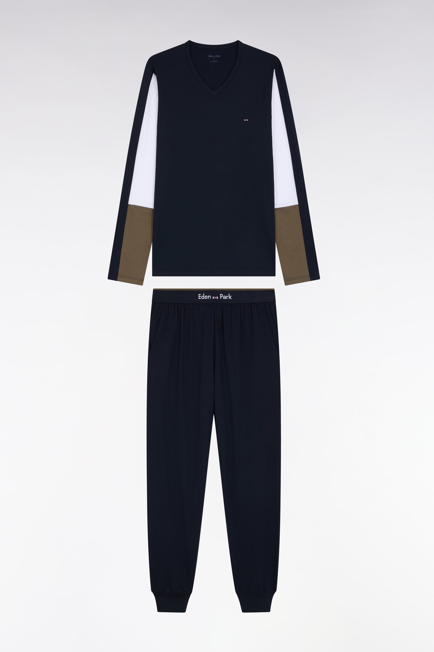 Pyjama long en jersey de coton colorblock kaki