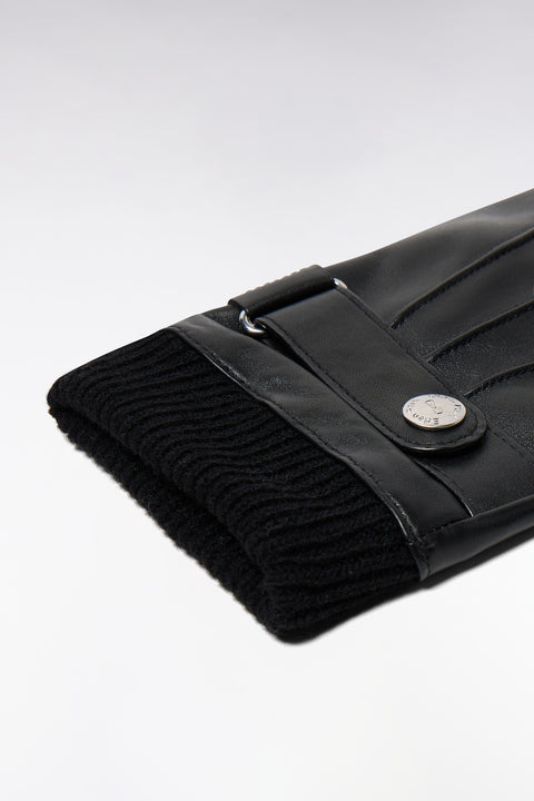 Gants en cuir lisse poignets tricotés noirs - Image 2