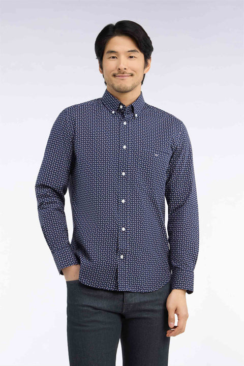Chemise en popeline de coton marine à micromotifs bleus coupe droite - Image 3
