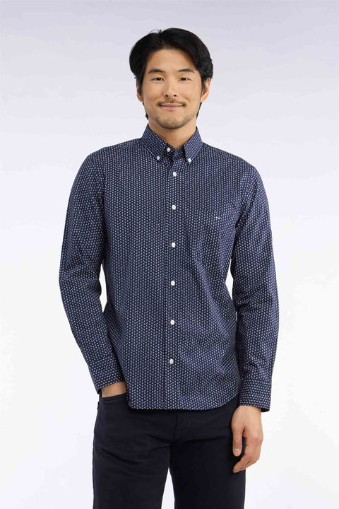 Chemise en popeline de coton blanche à micromotifs bleus coupe droite - Image 3