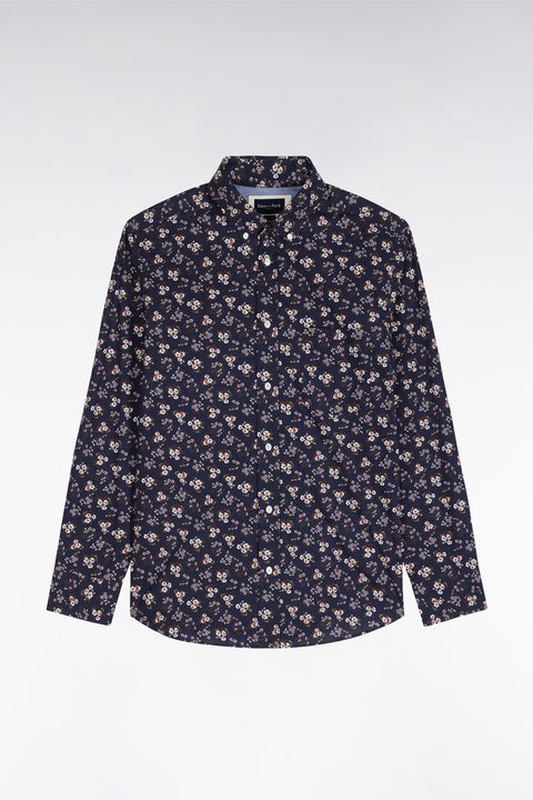 Chemise en coton marine à micromotifs fleurs coupe droite - Image 2