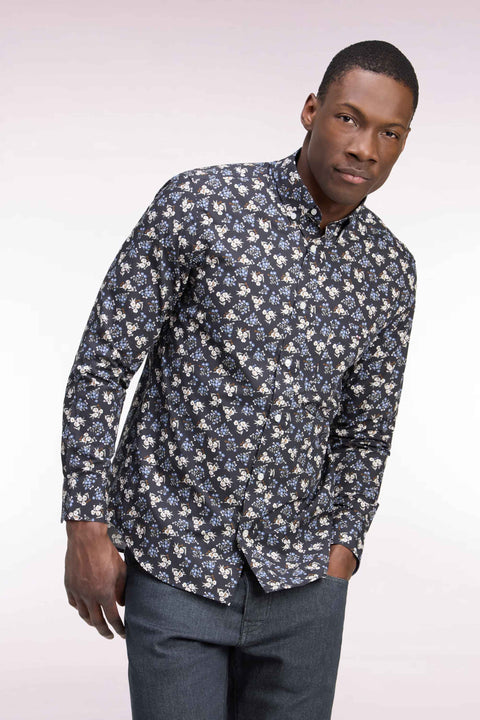 Chemise en coton marron à micromotifs fleurs coupe droite - Image 1
