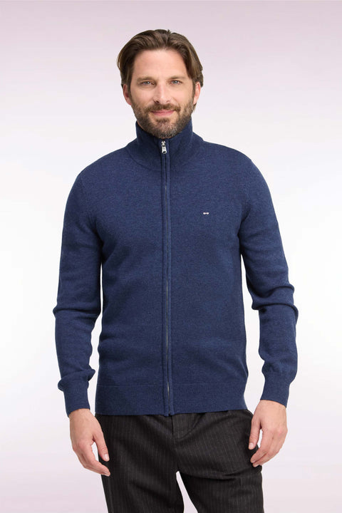 Cardigan zippé en laine et coton bleu coupe droite - Image 3
