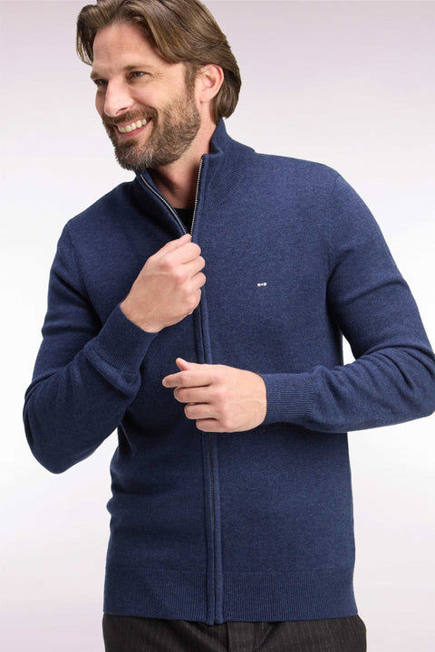 Cardigan zippé en laine et coton bleu coupe droite - Image 1