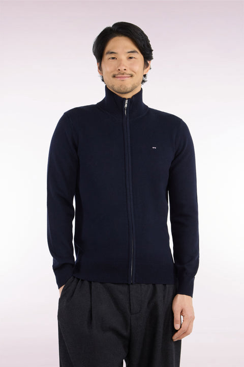 Cardigan zippé en laine et coton marine coupe droite - Image 3