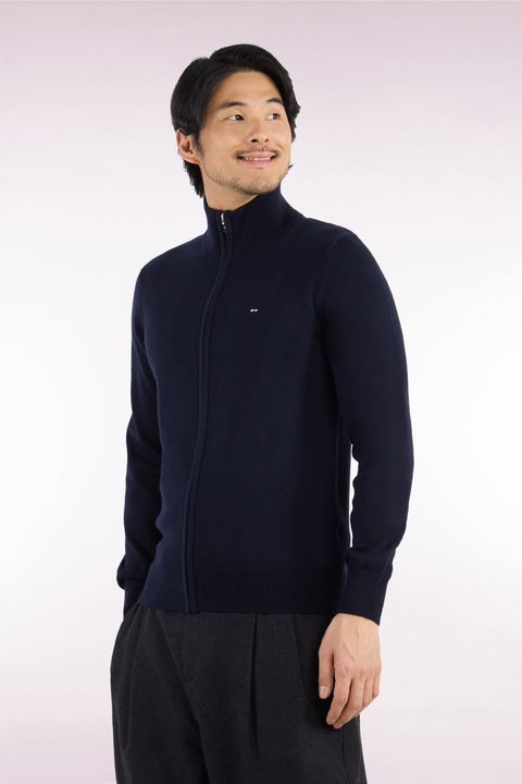 Cardigan zippé en laine et coton marine coupe droite - Image 1