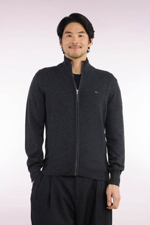 Cardigan zippé en laine et coton gris foncé coupe droite - Image 3