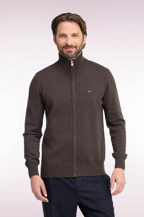 Cardigan zippé en laine et coton marron coupe droite - Image 3