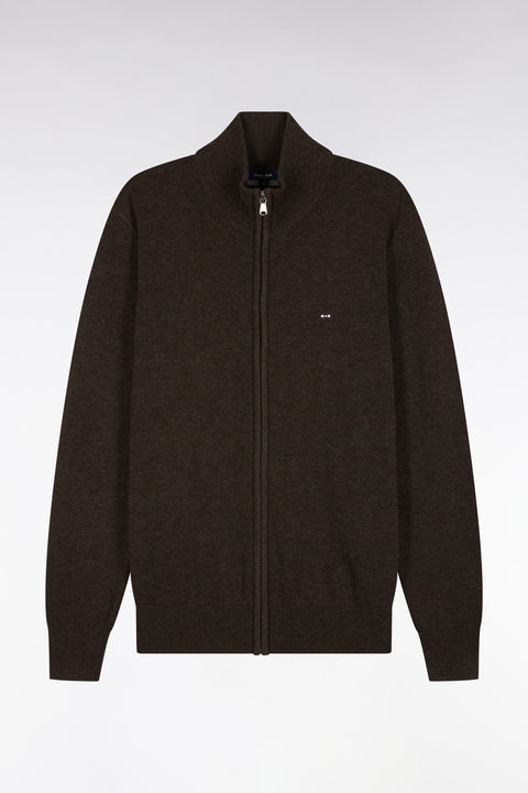 Cardigan zippé en laine et coton marron coupe droite - Image 2
