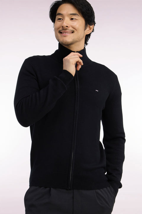 Cardigan zippé en laine et coton noir coupe droite - Image 1