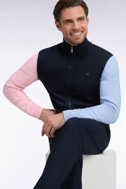 Cardigan zippé tricolore en coton marine dos brodé coupe droite - Image 1