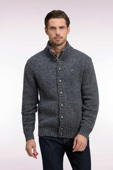 Cardigan boutonné en maille épaisse chinée gris coupe droite - Image 3