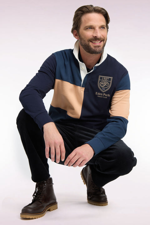 Long-sleeved jersey in tricolor combed cotton jersey, blue gray, straight cut - Image 1