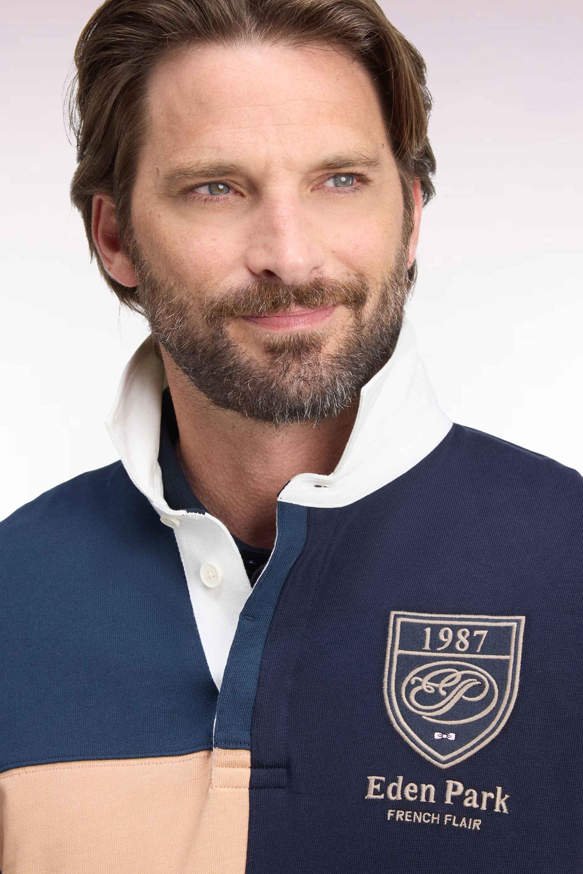 Maillot manches longues en jersey de coton peigné tricolore bleu gris coupe droite