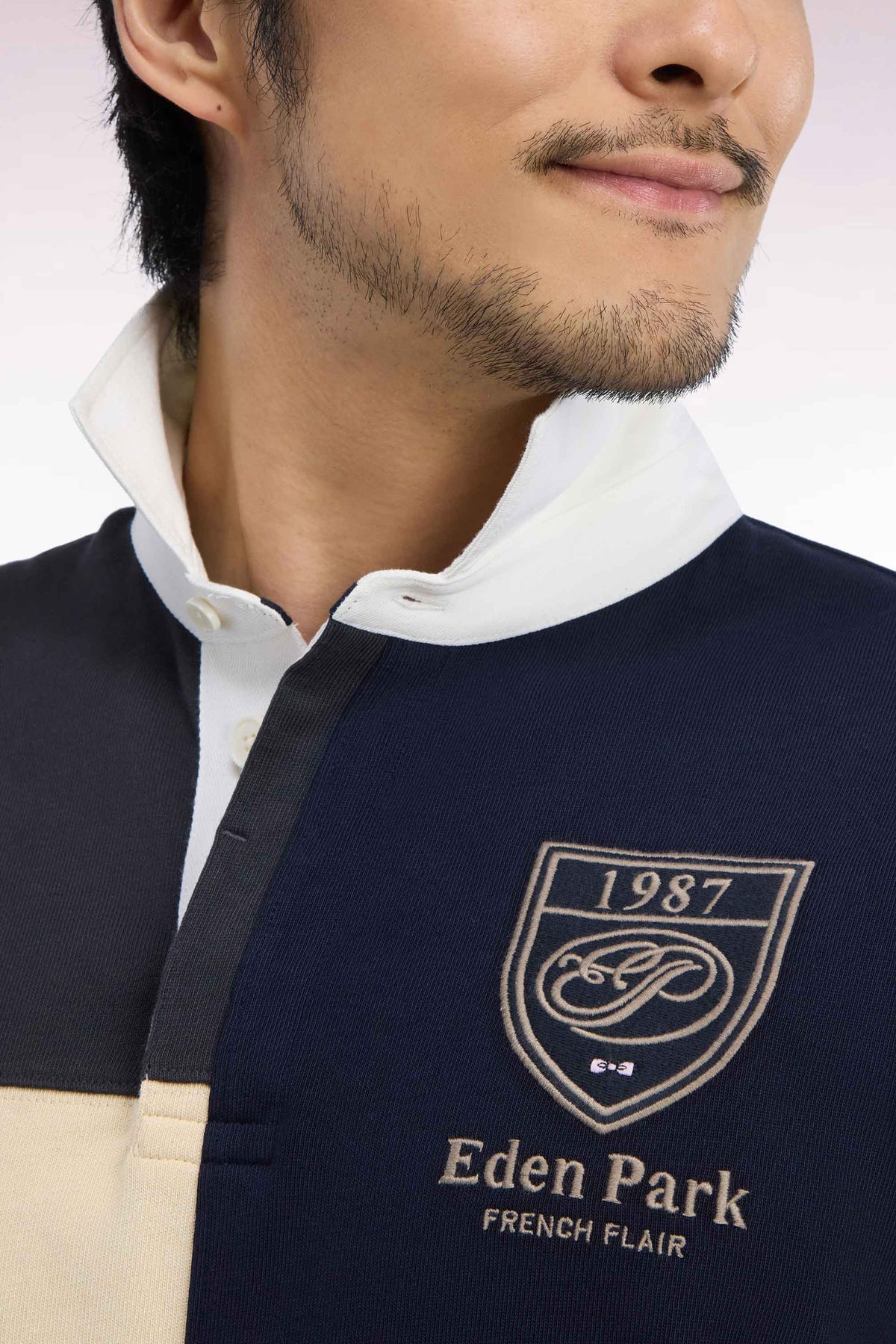 Maillot manches longues en jersey de coton peigné tricolore gris coupe droite