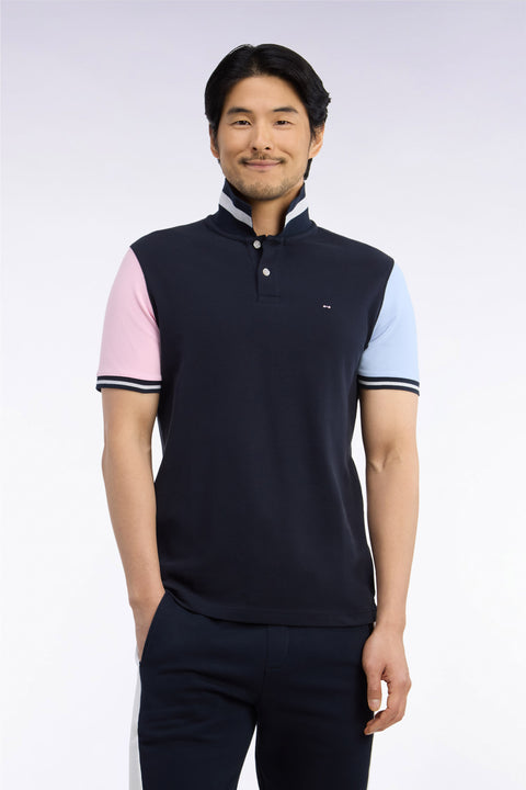 Polo manches courtes en coton tricolore marine broderie dos coupe droite - Image 3