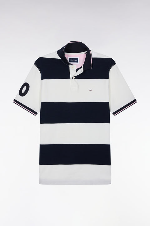 Short-sleeved polo shirt with ecru and navy rugby stripes, straight cut - Image 2