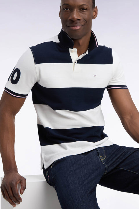 Short-sleeved polo shirt with ecru and navy rugby stripes, straight cut - Image 1