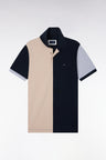 Short-sleeved polo shirt in beige tricolor combed cotton pique, straight cut