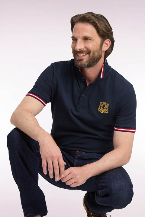 Polo manches courtes en piqué de coton peigné marine à écusson coupe droite - Image 1