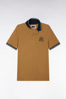 Short-sleeved polo shirt in camel combed cotton pique with straight cut patch