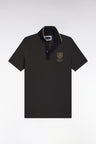 Short-sleeved dark gray cotton polo shirt with straight cut patch