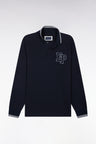 Long-sleeved straight-cut navy combed cotton pique polo shirt