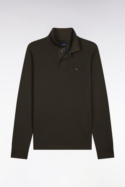 Long-sleeved straight-cut khaki Pima cotton polo shirt - Image 2
