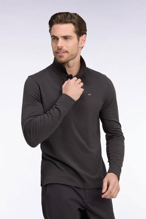 Polo manches longues en coton Pima marron foncé coupe droite - Image 1