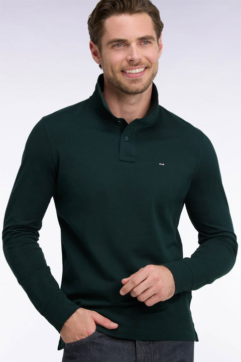 Polo manches longues en coton Pima vert foncé coupe droite - Image 1