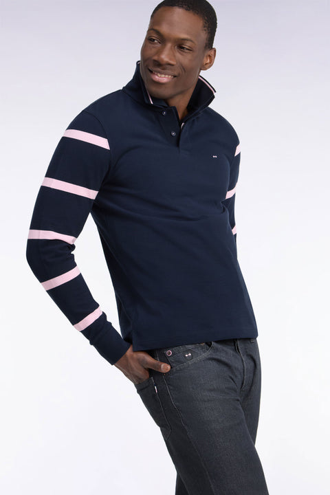 Long-sleeved striped polo shirt in navy cotton pique straight cut - Image 1