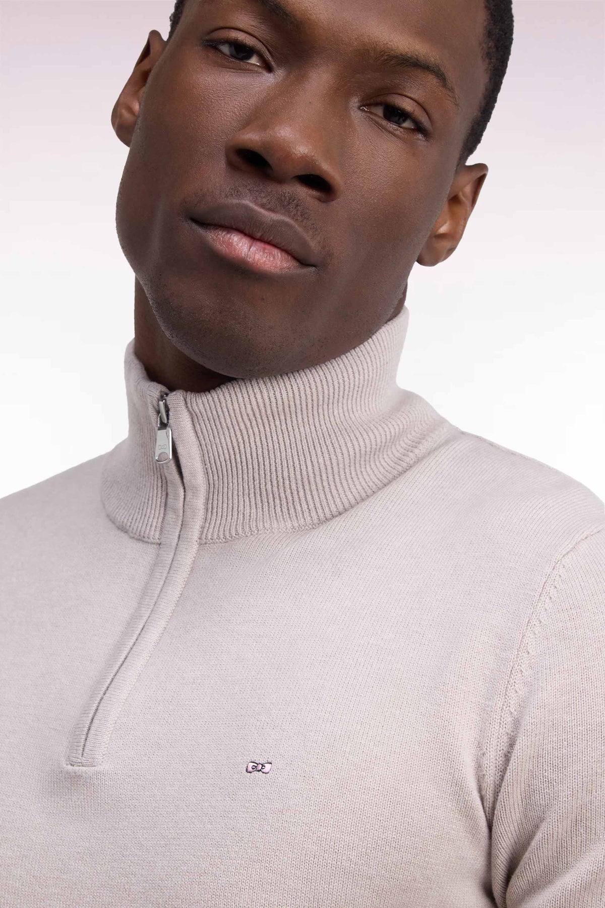 Straight cut gray wool and cotton trucker neck sweater