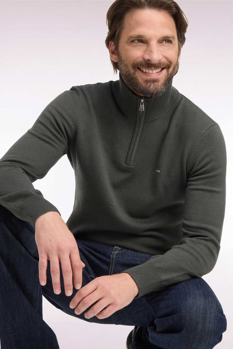 Pull col camionneur en laine et coton kaki coupe droite - Image 1