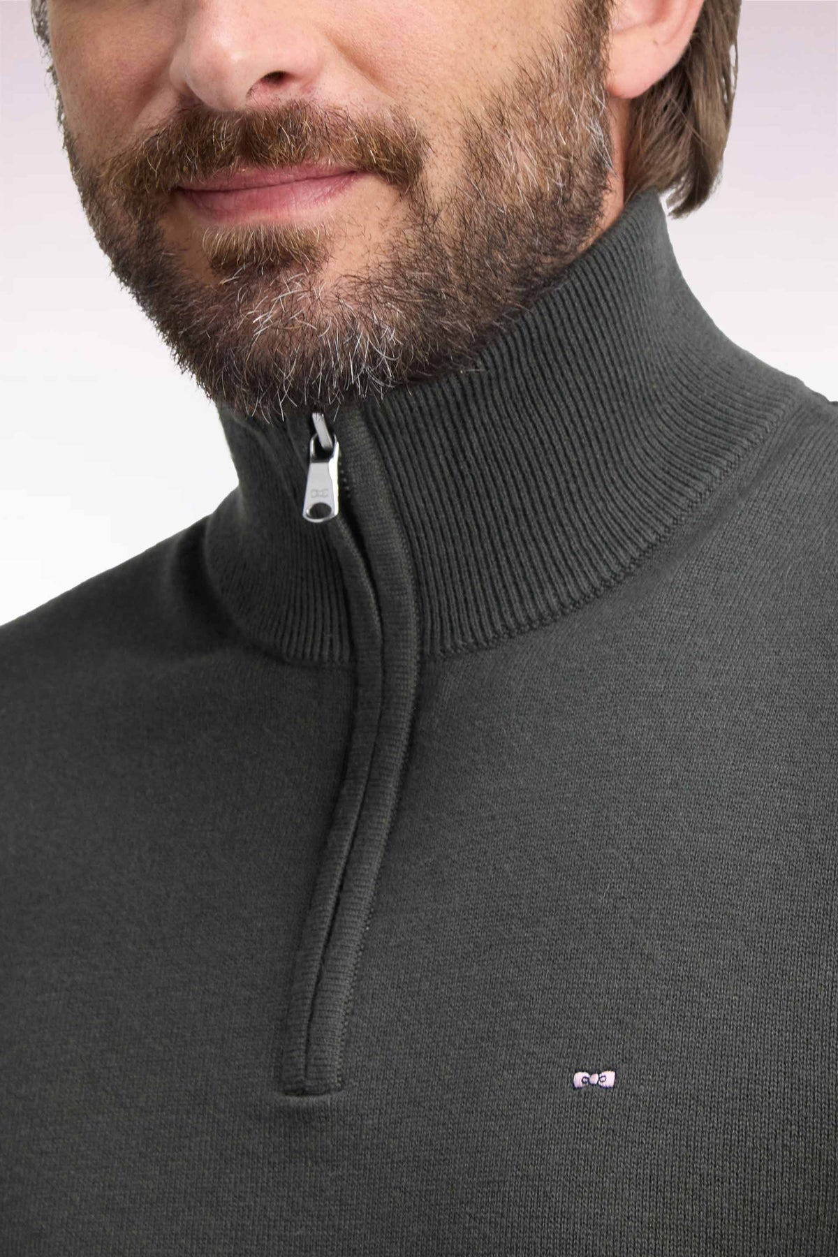 Straight cut khaki wool and cotton trucker neck sweater