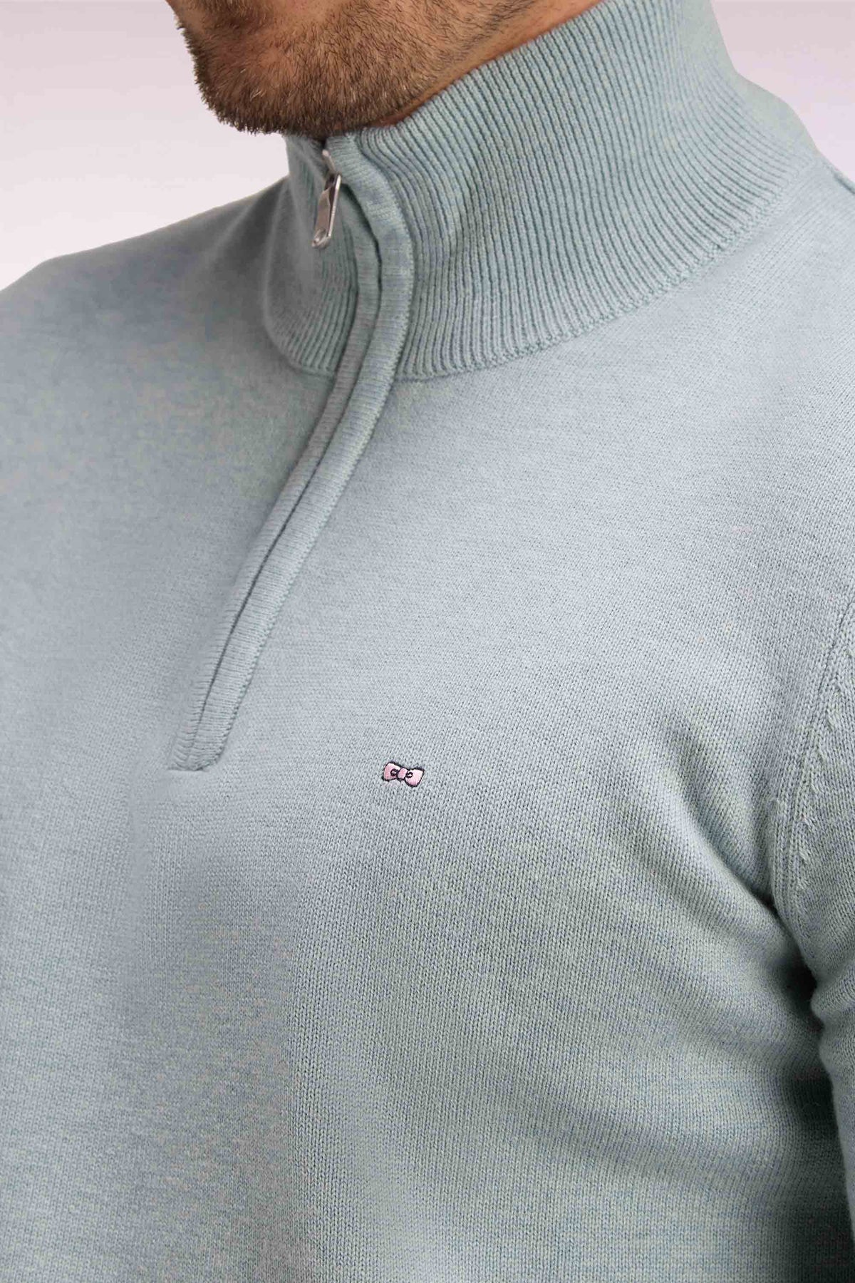 Pull col camionneur en laine et coton vert d'eau coupe droite