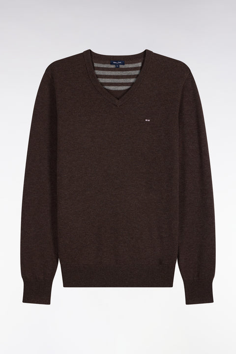 Pull col V en laine et coton marron coupe droite - Image 2