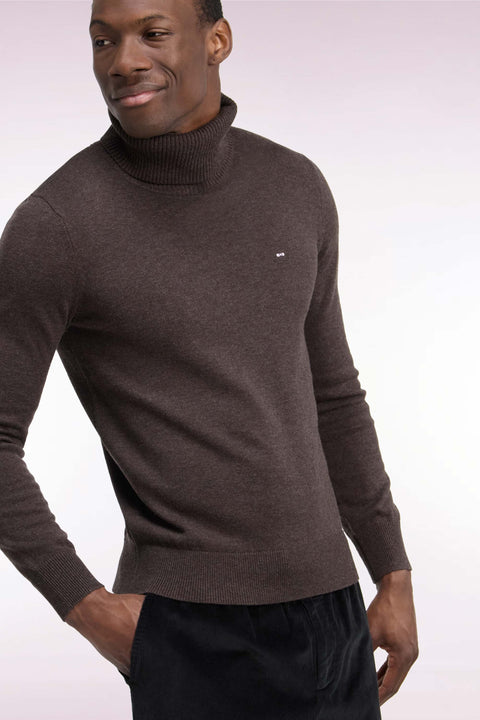 Pull col roulé en laine et coton marron coupe droite - Image 1