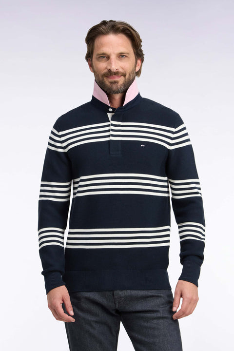 Pull à col maillot en coton écru et marine coupe droite - Image 3