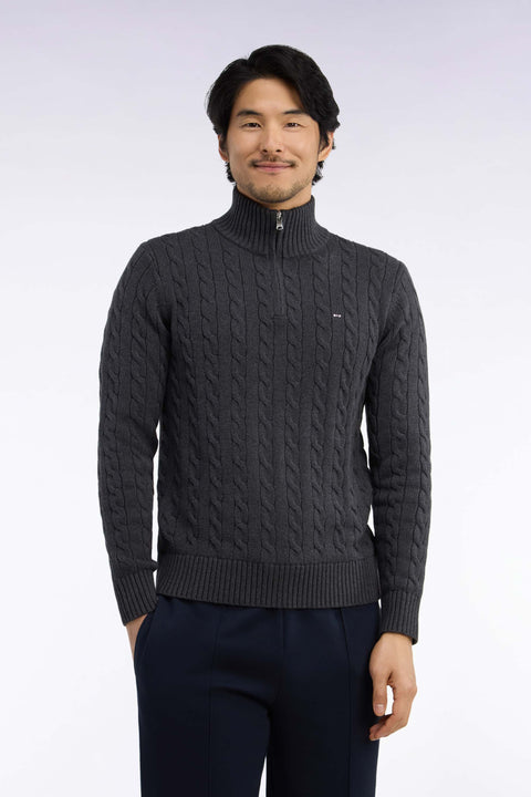 Pull à torsades à col camionneur en coton gris coupe droite - Image 3