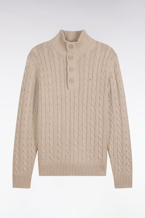 Pull à torsades col boutonné en coton beige coupe droite - Image 2