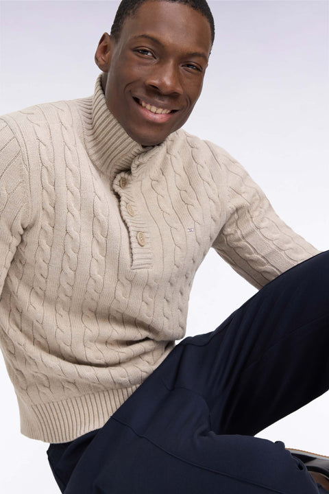 Pull à torsades col boutonné en coton beige coupe droite - Image 1